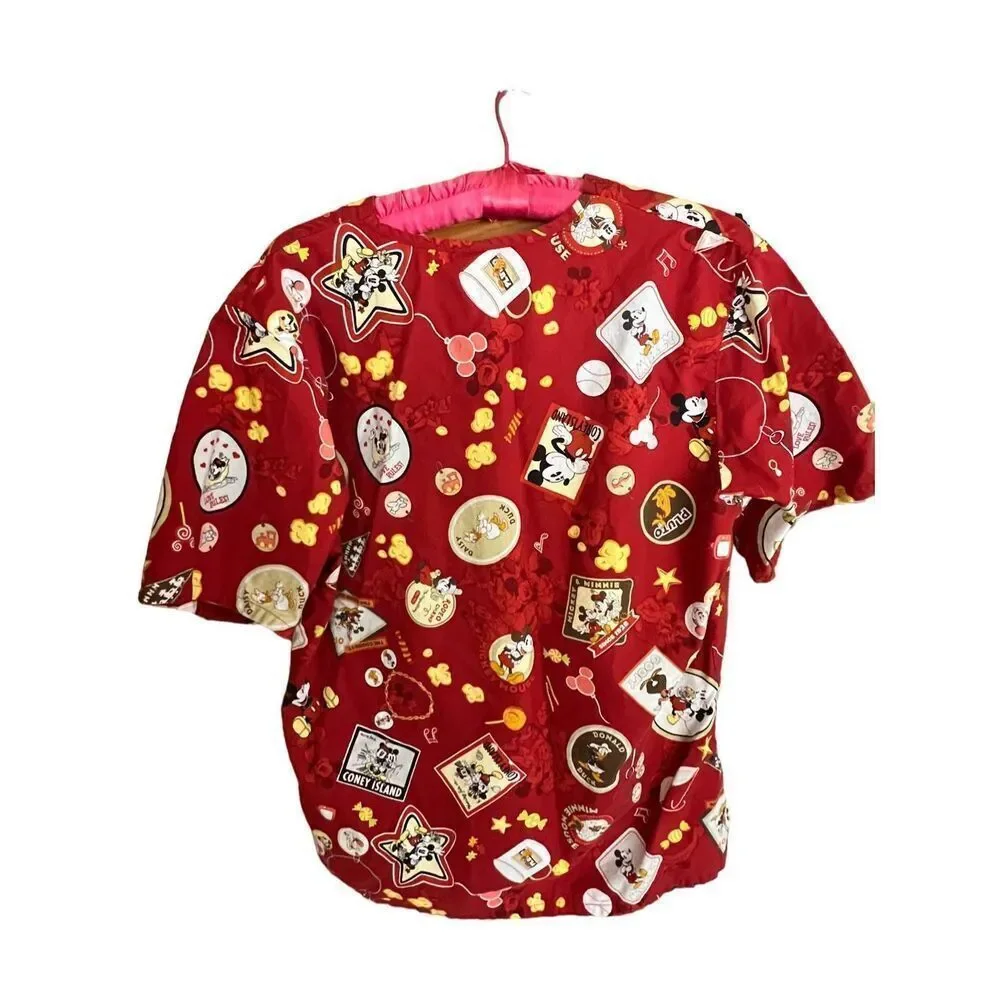 Disney Mickey & Minnie Mouse Scrub Top Medium V-Neck Red Short‎ Sleeve Graphic - Picture 6 of 6